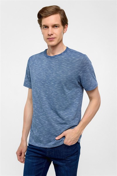 Saks Mavi Regular Armürlü Bisiklet Yaka Tişört