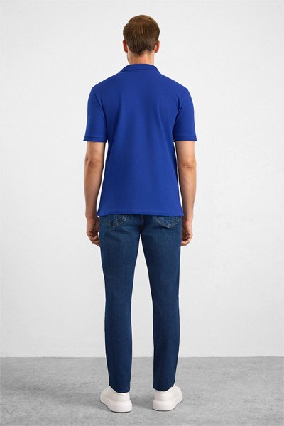 Saks Mavi Regular Düz Baskısız Pike Düğmeli Polo Yaka Standart Tişört