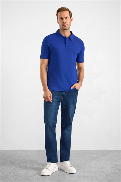 Saks Mavi Regular Düz Baskısız Pike Düğmeli Polo Yaka Standart Tişört