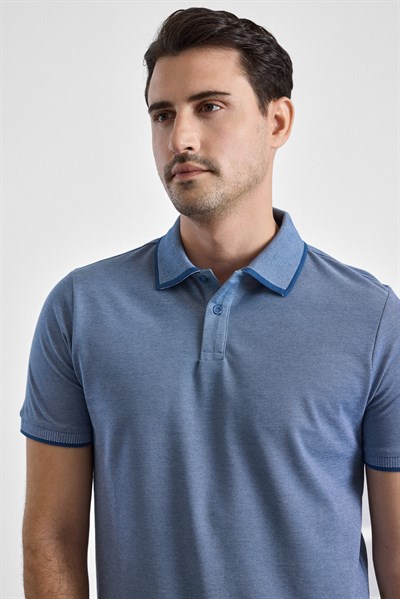 Saks Mavi Regular Düz Baskısız Pike Düğmeli Polo Yaka Nefes Alabilen Tişört