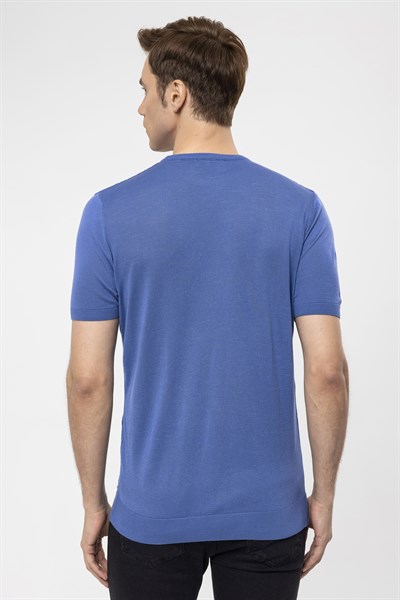 Saks Mavi Regular Düz Bisiklet Yaka Triko