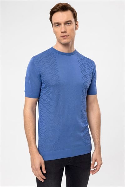 Saks Mavi Regular Düz Bisiklet Yaka Triko