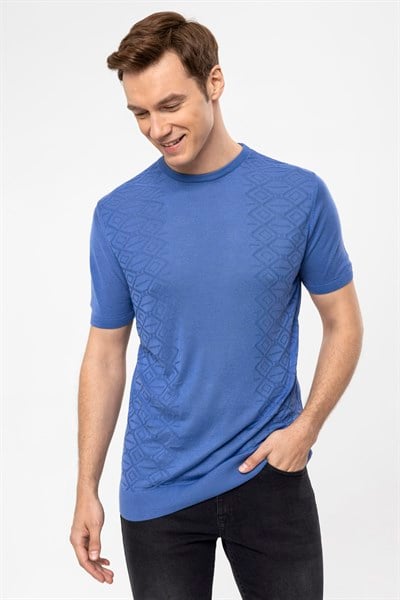 Saks Mavi Regular Düz Bisiklet Yaka Triko