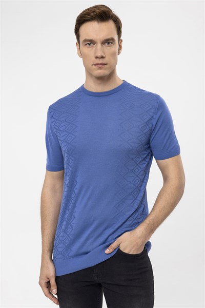 Saks Mavi Regular Düz Bisiklet Yaka Triko