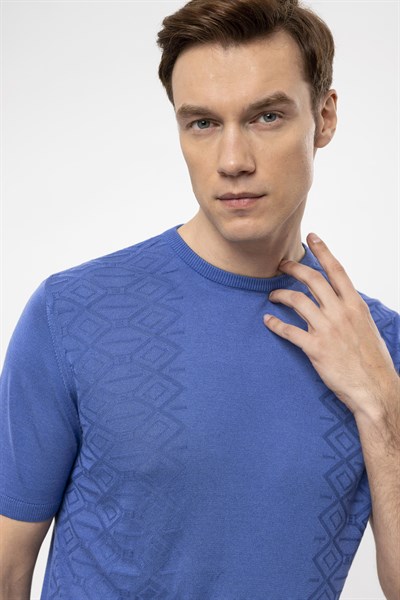 Saks Mavi Regular Düz Bisiklet Yaka Triko