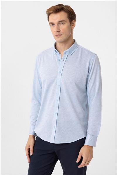 Saks Mavi Slim Fit Armürlü Düğmeli Yaka Gömlek