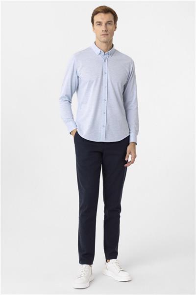 Saks Mavi Slim Fit Armürlü Düğmeli Yaka Gömlek