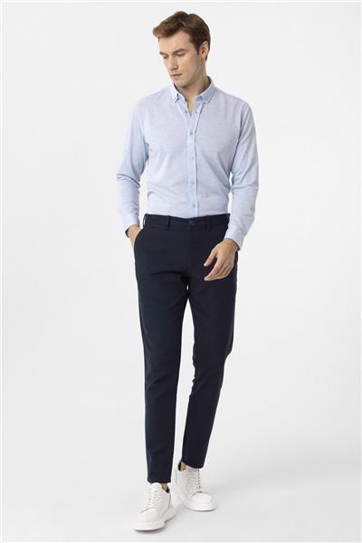 Saks Mavi Slim Fit Armürlü Düğmeli Yaka Gömlek