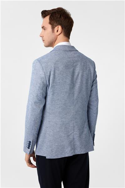 Saks Mavi Slim Fit Desenli Sivri Yaka 6 Drop Ceket