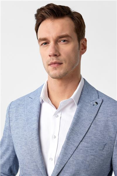 Saks Mavi Slim Fit Desenli Sivri Yaka 6 Drop Ceket