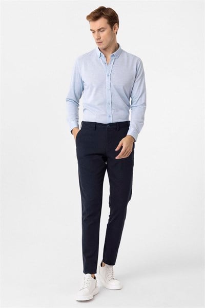 Saks Mavi Slim Fit Armürlü Düğmeli Yaka Gömlek