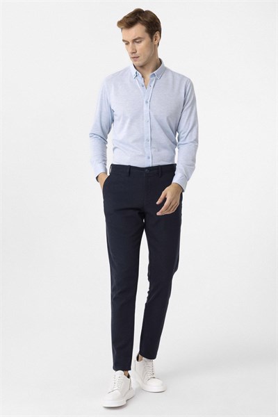 Saks Mavi Slim Fit Armürlü Düğmeli Yaka Gömlek