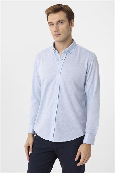 Saks Mavi Slim Fit Armürlü Düğmeli Yaka Gömlek