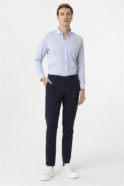 Saks Mavi Slim Fit Armürlü Düğmeli Yaka Gömlek