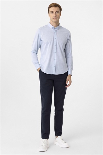 Saks Mavi Slim Fit Armürlü Düğmeli Yaka Gömlek