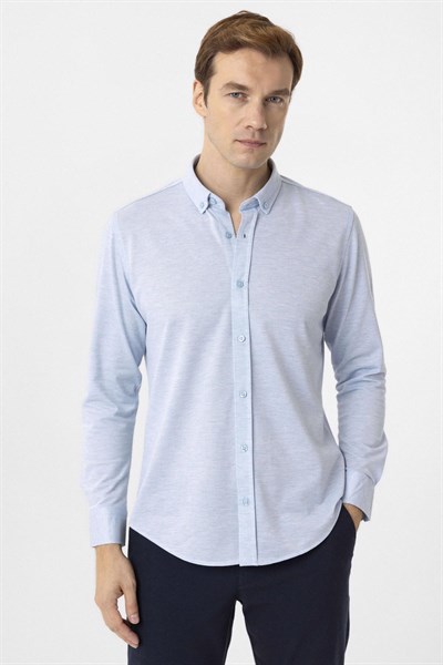 Saks Mavi Slim Fit Armürlü Düğmeli Yaka Gömlek