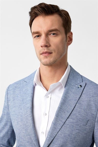 Saks Mavi Slim Fit Desenli Sivri Yaka 6 Drop Ceket