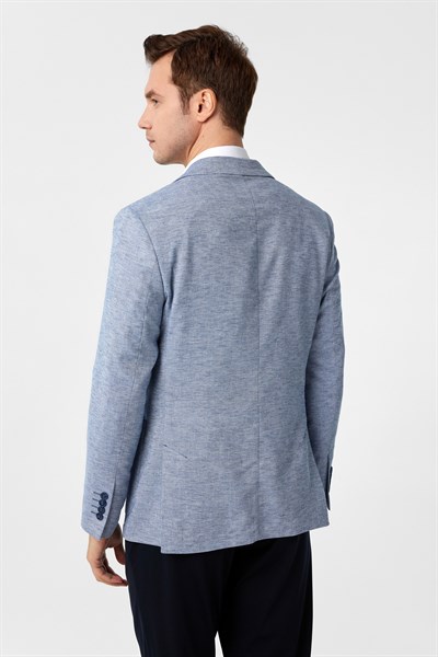 Saks Mavi Slim Fit Desenli Sivri Yaka 6 Drop Ceket