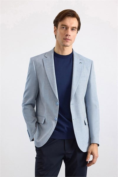 Saks Mavi Slim Mono Yaka Torba Cep 6 Drop Klasik Ceket
