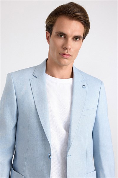 Saks Mavi Slim Sivri Yaka Düz Poplin Torba Cep Standart 6 Drop Klasik Ceket