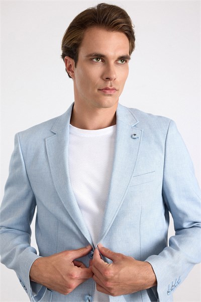 Saks Mavi Slim Sivri Yaka Düz Poplin Torba Cep Standart 6 Drop Klasik Ceket