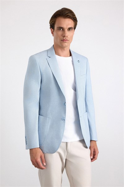 Saks Mavi Slim Sivri Yaka Düz Poplin Torba Cep Standart 6 Drop Klasik Ceket