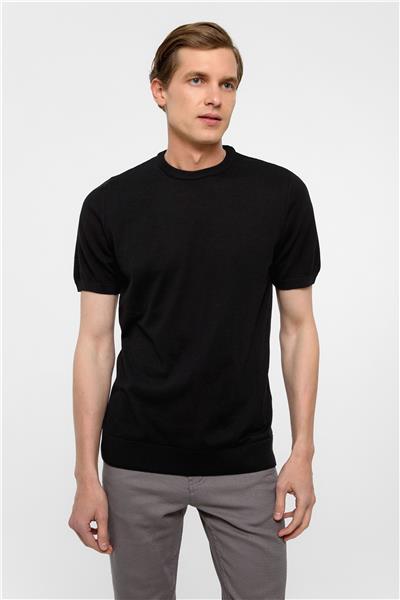 Siyah Regular Armürlü Bisiklet Yaka Triko Tişört 