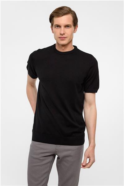 Siyah Regular Armürlü Bisiklet Yaka Triko Tişört 