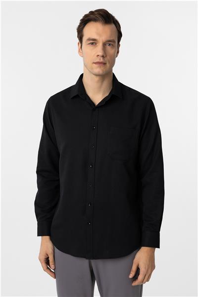Siyah Regular Fit Armürlü Klasik Yaka Gömlek