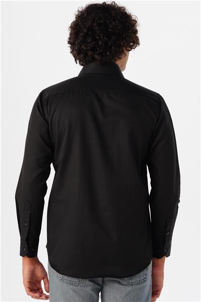 Siyah Regular Armürlü Klasik Yaka Gömlek