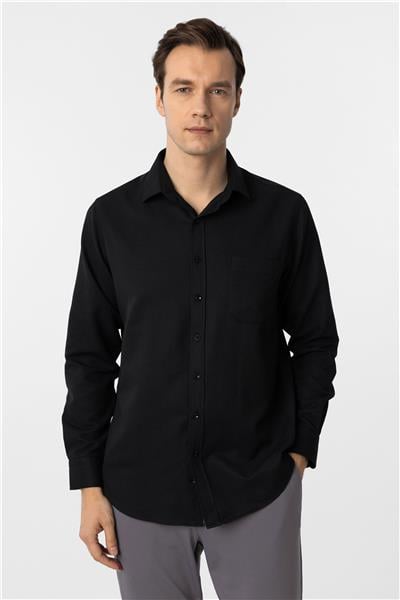 Siyah Regular Fit Armürlü Klasik Yaka Gömlek