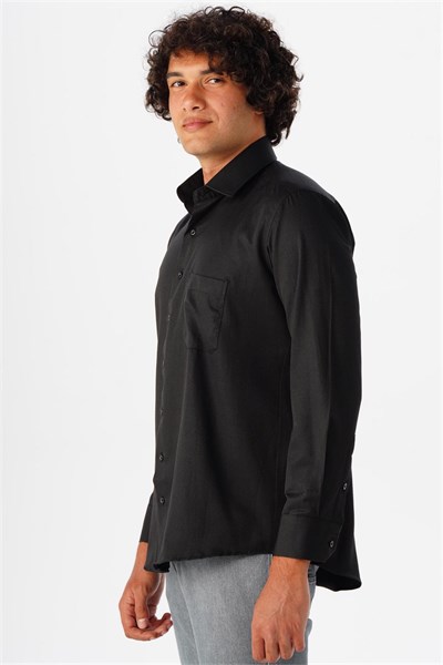 Siyah Regular Armürlü Klasik Yaka Gömlek