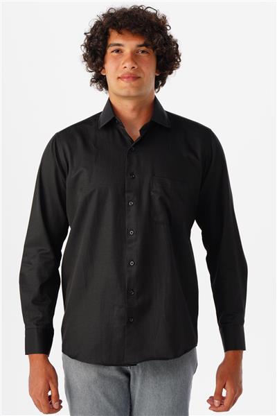 Siyah Regular Armürlü Klasik Yaka Gömlek