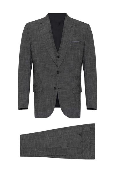 Siyah Regular Armürlü Mono Yaka 4 Drop Yelekli Klasik Takım Elbise