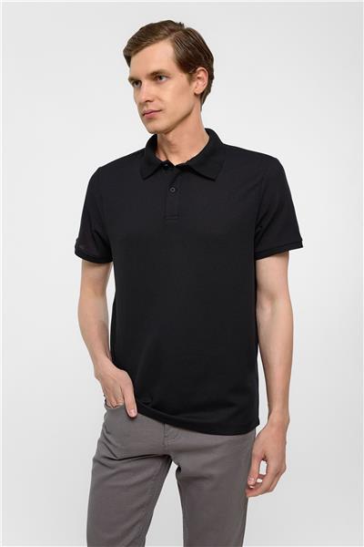 Siyah Regular Armürlü Polo Yaka Tişört