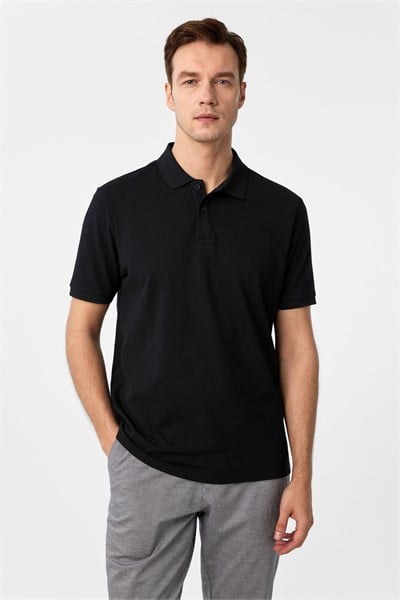 Siyah Regular Armürlü Polo Yaka Tişört
