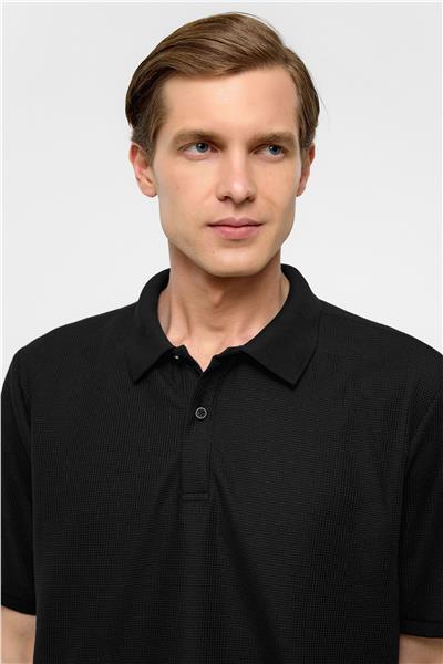 Siyah Regular Armürlü Polo Yaka Tişört