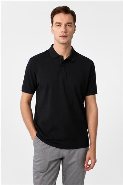 Siyah Regular Armürlü Polo Yaka Tişört