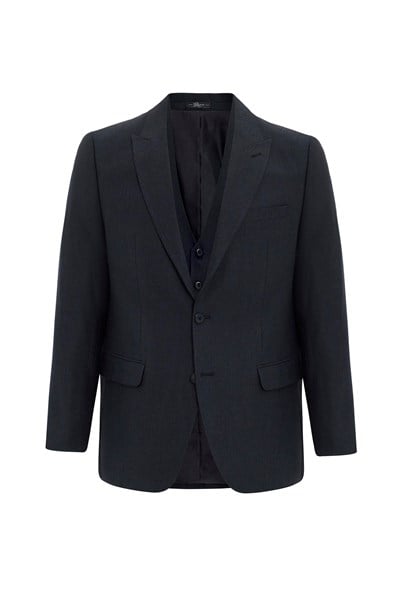 Siyah Regular Armürlü Sivri Yaka 4 Drop Yelekli Klasik Takım Elbise