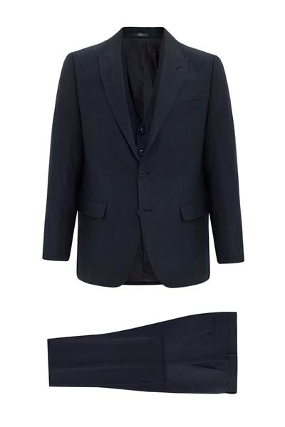 Siyah Regular Armürlü Sivri Yaka 4 Drop Yelekli Klasik Takım Elbise