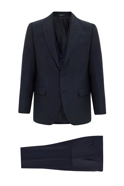 Siyah Regular Armürlü Sivri Yaka 4 Drop Yelekli Klasik Takım Elbise