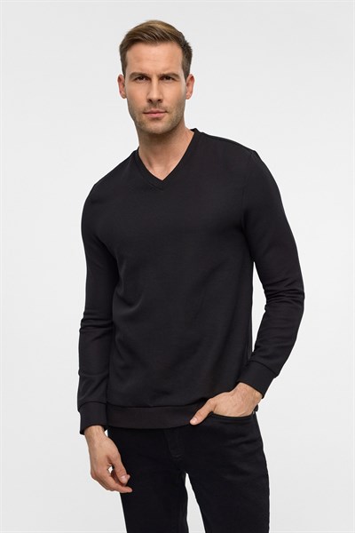 Siyah Regular Armürlü V Yaka Triko