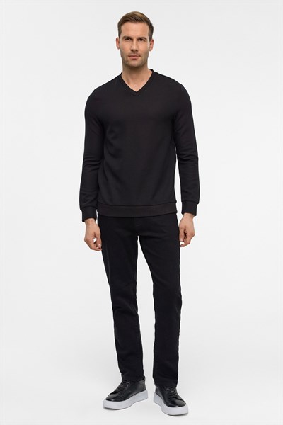 Siyah Regular Armürlü V Yaka Triko