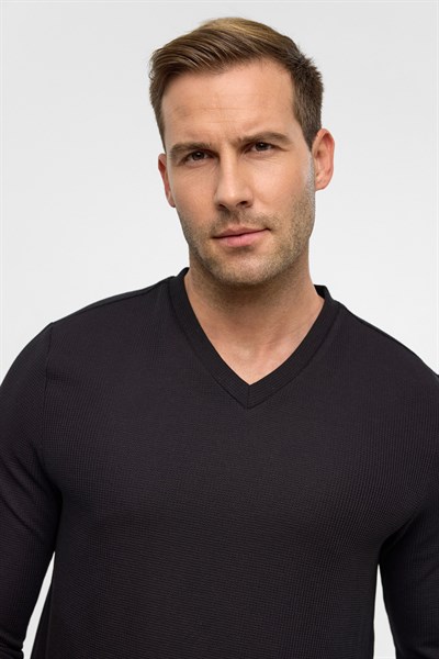 Siyah Regular Armürlü V Yaka Triko