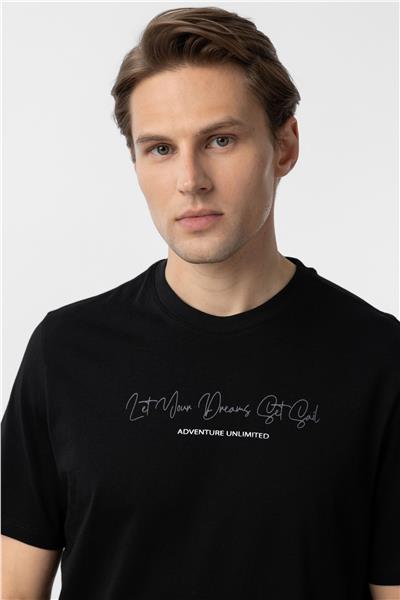 Siyah Regular Baskılı Bisiklet Yaka Tişört