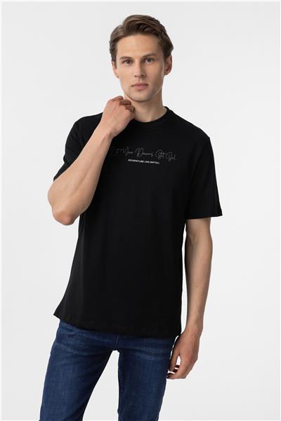 Siyah Regular Baskılı Bisiklet Yaka Tişört