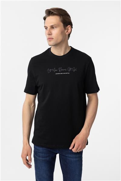 Siyah Regular Baskılı Bisiklet Yaka Tişört