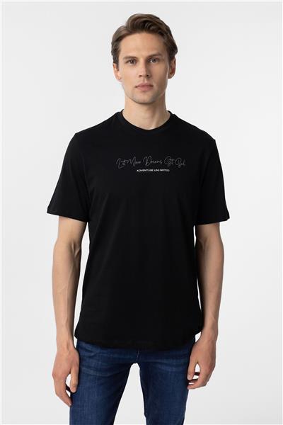 Siyah Regular Baskılı Bisiklet Yaka Tişört