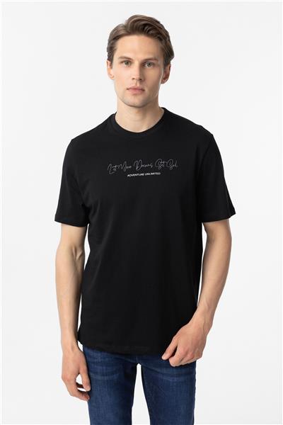 Siyah Regular Baskılı Bisiklet Yaka Tişört