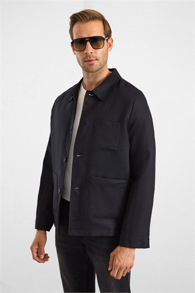 Siyah Regular Bebe Yaka Düz Poplin Torba Cep 4 Drop Spor Ceket